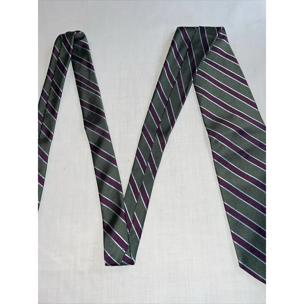 Brooks Basics Men’s Dress Tie Size 58” Green Purple Striped Silk Business Formal